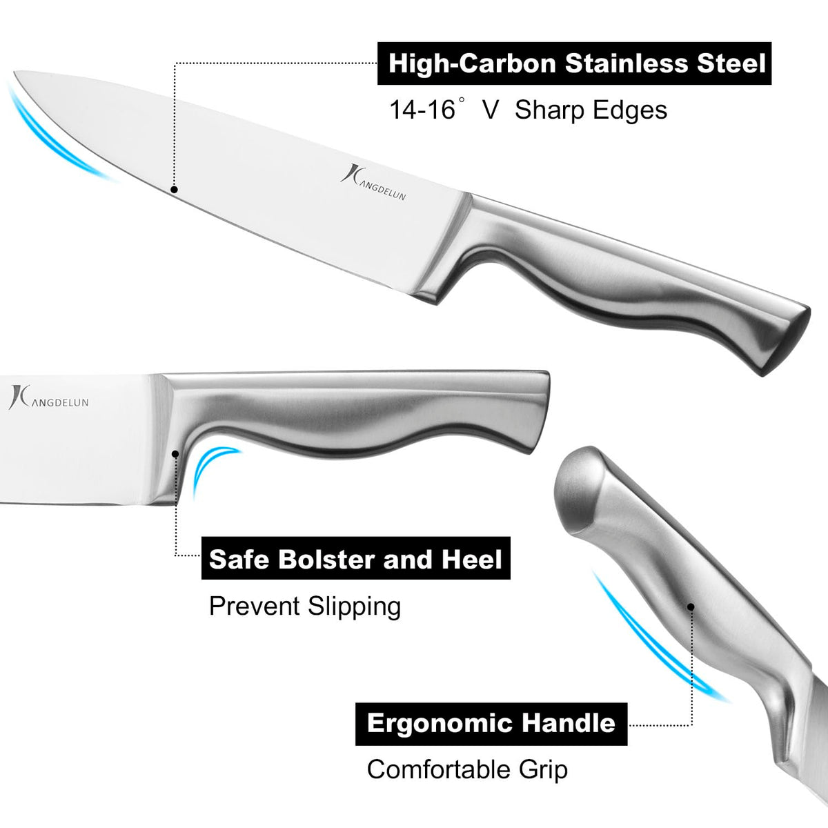 Kangdelun 15-Piece Ultra Sharp Kitchen Knife Set with Wooden Block, Exclusive Ergonomic Anti-Slip Handle, High-Carbon 50CR15MOV Steel, Angled Design, Natural Wood Block