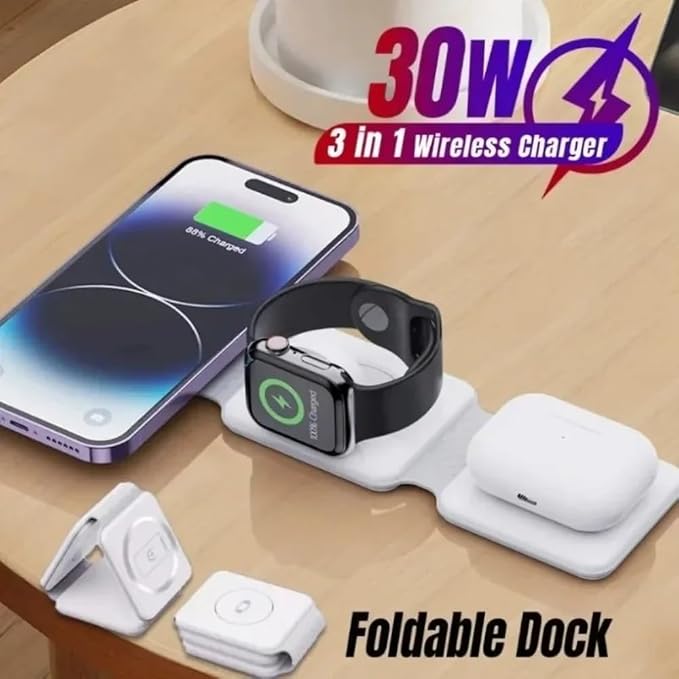 Foldable 3 in 1 Fast Charging Pad Desktop Wireless Charger for iPhone 17 16 15 14 13 12 Pro Max iWatch 10 9 8 7 6 AirPods Pro 2 (Black)