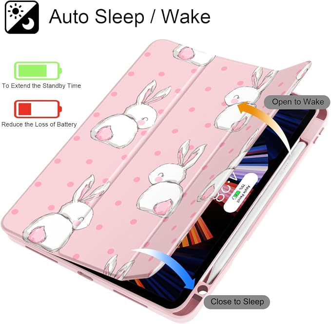 May Chen Case for iPad 12.9 Inch (6th/5th/4th/3rd Generation 2022/2021/2020/2018) Pencel Holder + Trifold Support Auto Sleep/Wake Transparent Shockproof Back Cover Blue Bows