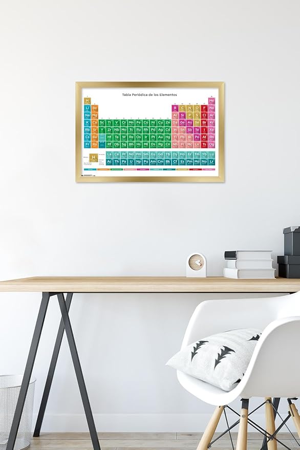 Trends International Periodic Table Of Elements - Spanish Wall Poster, 14.725" x 22.375", Gold Framed Version