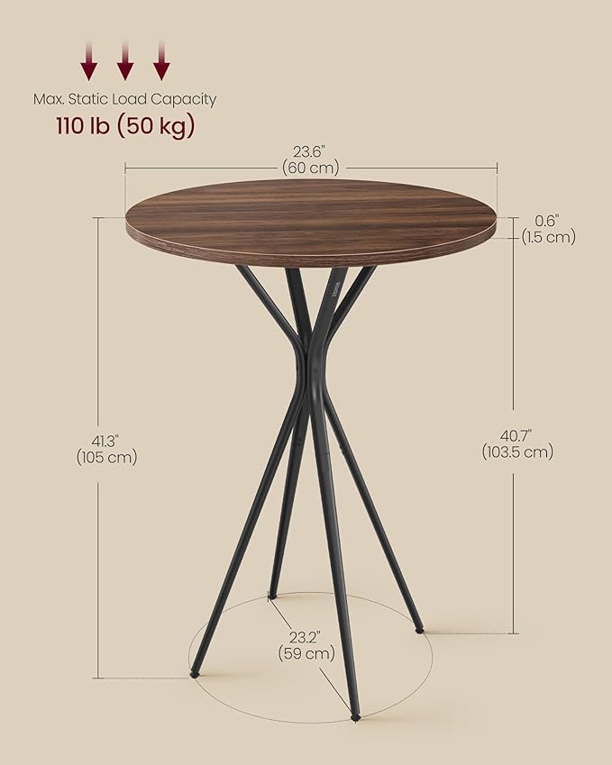VASAGLE Bar Table, Round Cocktail High Top Pub Bistro Table for Party, Kitchen Dining, Home Bar, 23.6 x 23.6 x 41.3 Inches, Metal Frame, Modern Style, Easy to Assemble, Natural Walnut and Black
