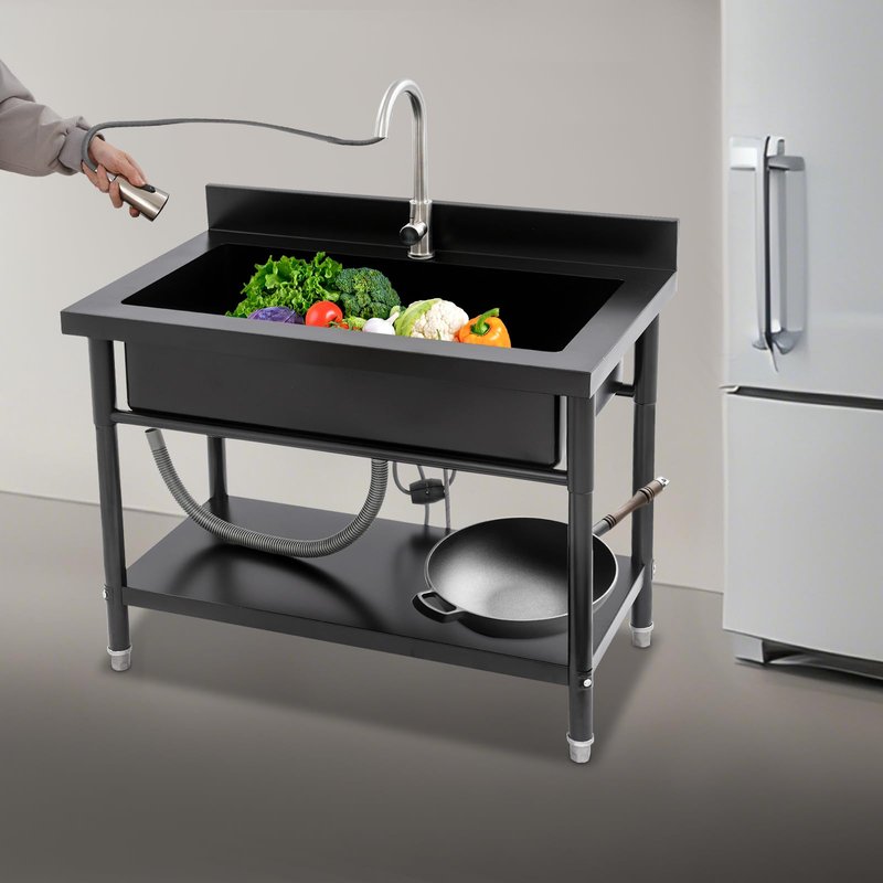 Stainless Steel Utility Sink, Freestanding Commercial Kitchen Sink with Pull-Out Faucet, Large Capacity Laundry Sink, Single Bowl Garage Sinks for Garage Basement Outdoor Indoor Use (Black)