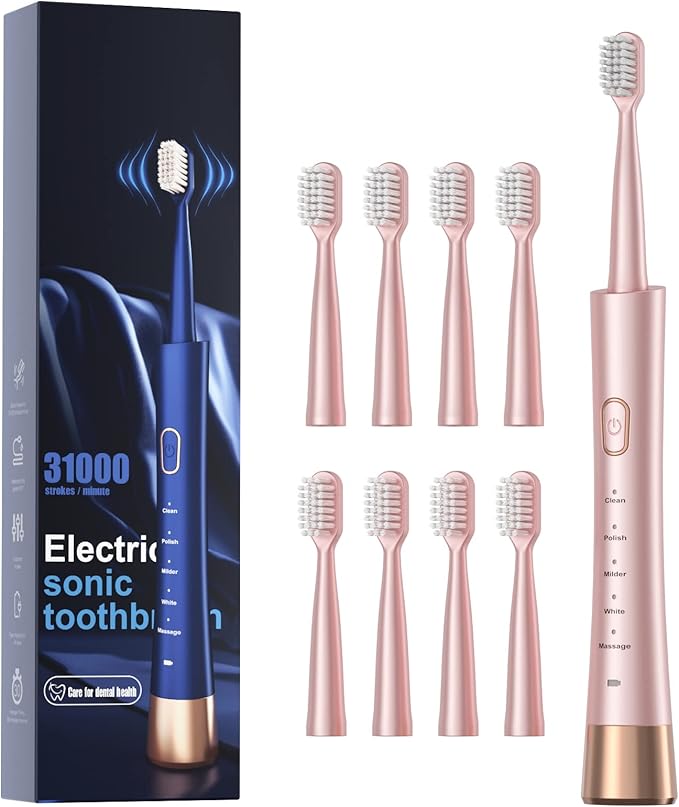 AJELU Sonic Electric Toothbrush for Adults, USB Rechargeable Sonic Toothbrush with 8 Brush Heads, Smart Timer, 5 Modes, 2-Hour Fast Charge Last 30 Days, Pink
