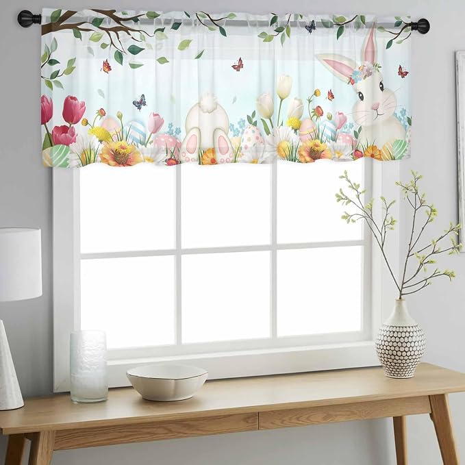 Easter Sheer Valances for Windows 42"x12", Light Filtering Kitchen Curtains