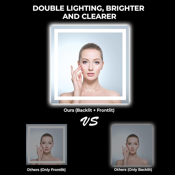 YEELAIT 36x36 Inch LED Bathroom Mirror with Lights Front and Backlit Lighted Vanity Mirror for Bathroom Wall with 3 Colors Dimmable Anti-Fog Memory Shatter-Proof IP54 Waterproof Horizontal/Vertical