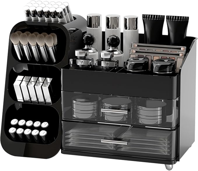 Makeup Organizer for Vanity with Brush Holder, Countertop Organizer with 2 Drawers, Spacious Cosmetic Display Case for Beauty Essential, Skincare, Lipstick