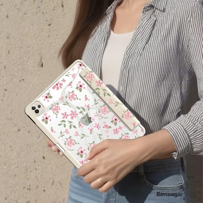iPad Pink Case for iPad Pro Generation 11Inch 2018/2020/2021/2022 with Pencil Holder-[Auto Wake/Sleep] Trifold Stand Soft TPU Protective Cover Cute Cherry Bow
