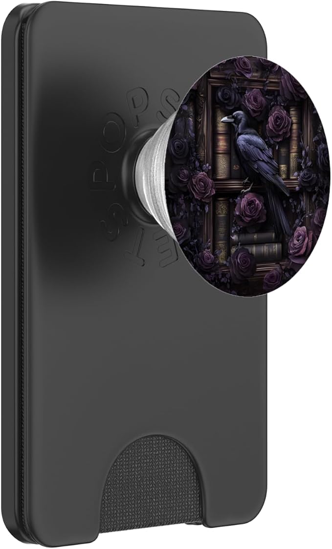 Dark Gothic Bookshelf with Raven and Moody Purple Roses PopSockets Adhesive PopGrip