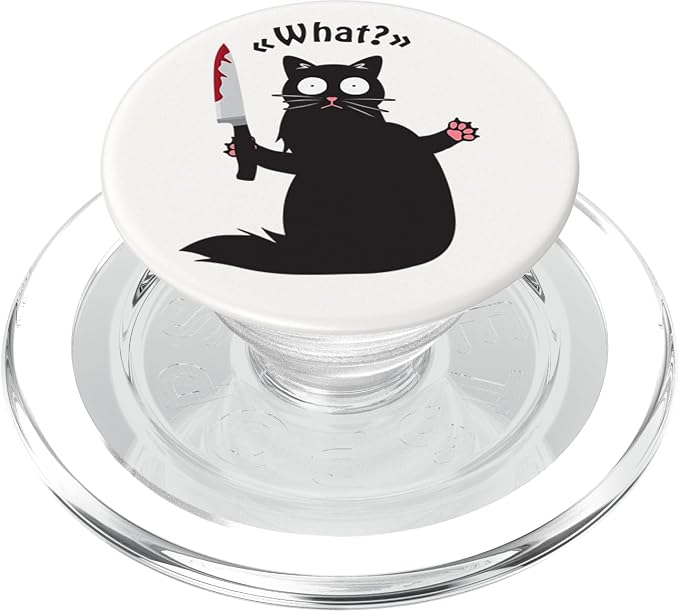 Cat What? Funny Black Cats Gift Fun Murderous Cat with Knife PopSockets PopGrip: Swappable Grip for Phones &amp Tablets PopSockets Standard PopGrip
