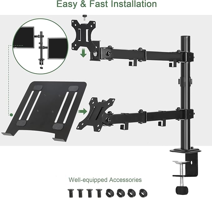 Monitor and Laptop Mount, Monitor Arm with Vented Tray for 13" to 27" LCD Computer Screens and Notebook up to 17 inch, Fully Adjustable Laptop Mount Stand Holds up to 17.6lbs
