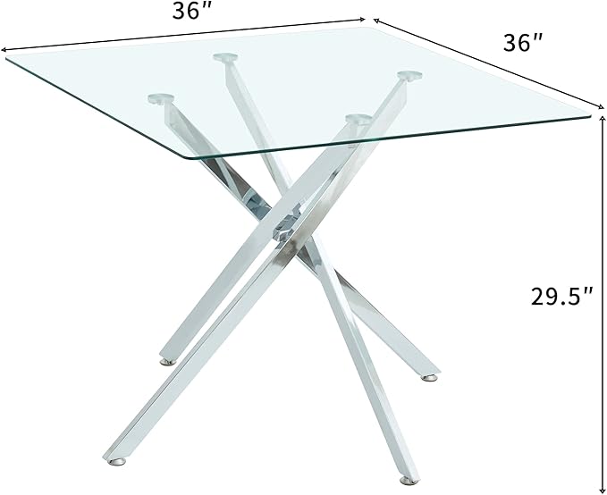 36" Square Glass Dining Table Modern Kitchen Glass Top Table for 4 with Silver Chrome Metal Legs, Clear Dining Table Kitchen Table for Home Office Dining Room