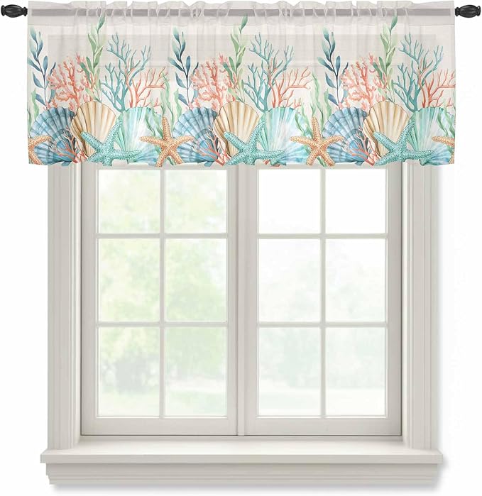Summer Beach Sheer Valance Curtains, Ocean Colorful Coral Shell Seaweed
