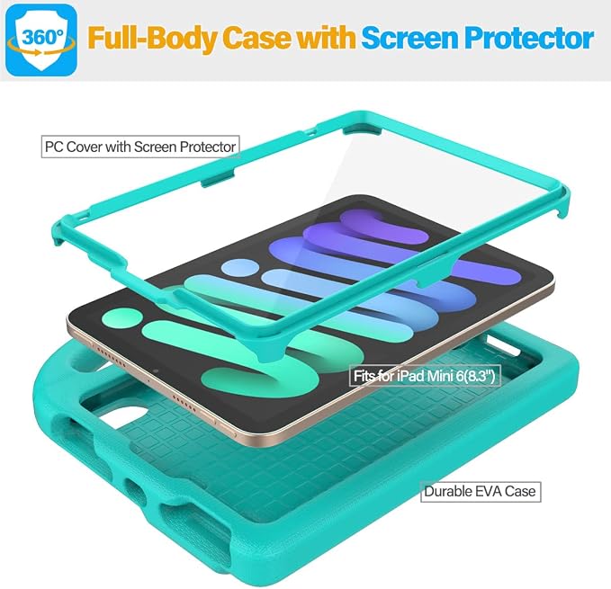 SUPLIK Kids Case for iPad mini 7 (A17 Pro) 2024 &amp iPad mini 6 2021 8.3-inch iPad mini 6th/7th Generation Case with Screen Protector Durable Shockproof Kids Cover with Handle Stand Black