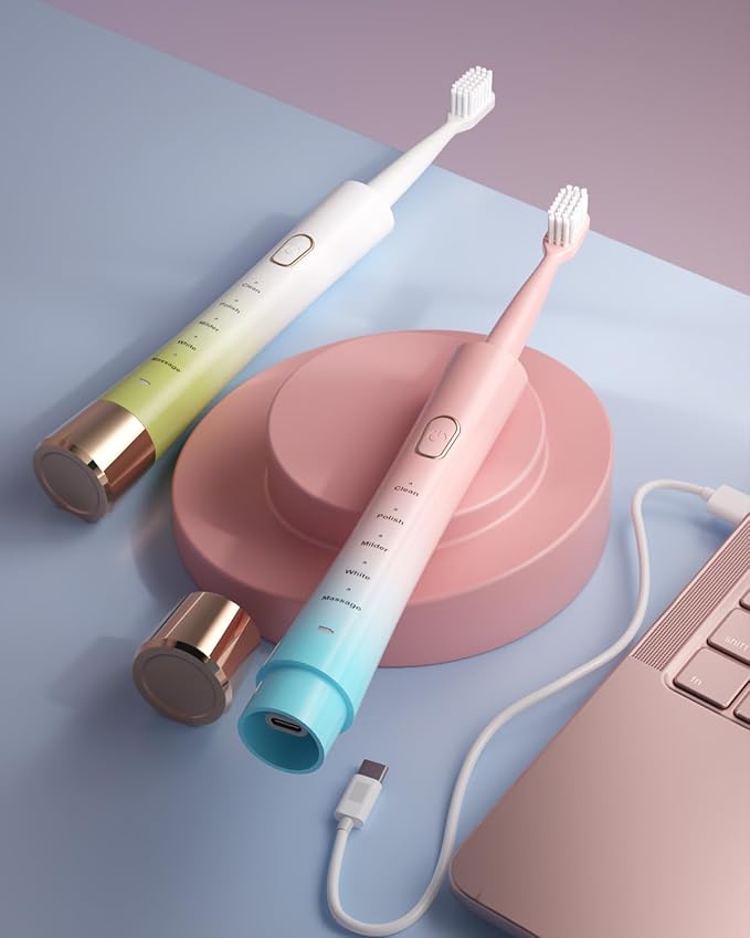 AJELU Pink & Blue Gradient Rechargeable Sonic Electric Toothbrush for Adults, 5 Modes with Smart Timer, 8 Replacement Brush Heads Soft Bristles, High Vibration, Perfect for Home, Travel, Gift
