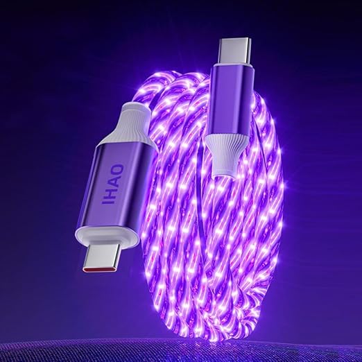 IHAO Multi Ports Light-Up USB Cable USBA to USBC/MicroUSB Cable Durable Fast Charging Cable with Visible Current Flow As Night Light Use-3in1 Blue