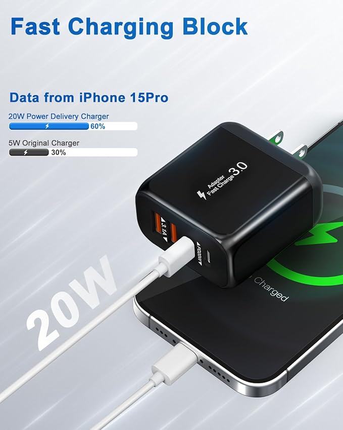 40W USB C Charger Block, 3 Pack 4-Ports Type C Fast Charging Cubes PD USBC Wall Plug+QC 3.0 USB A, Multiple USB C Charger for iPhone 16/15/14/13/12/11 Pro Max/XS, Samsung Galaxy, iPad, Tablet, Pixel