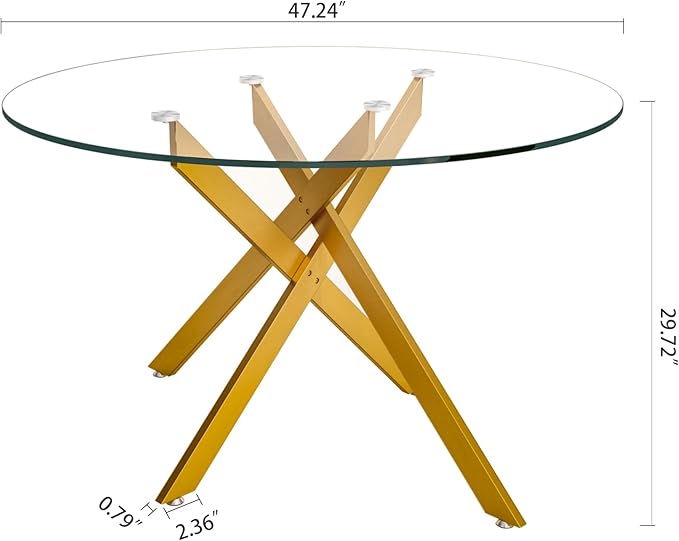 47.24" Round Glass Dining Table Modern Kitchen Glass Top Table for 6 with Gold Metal Legs, Clear Dining Table Kitchen Table for Home Office Dining Room