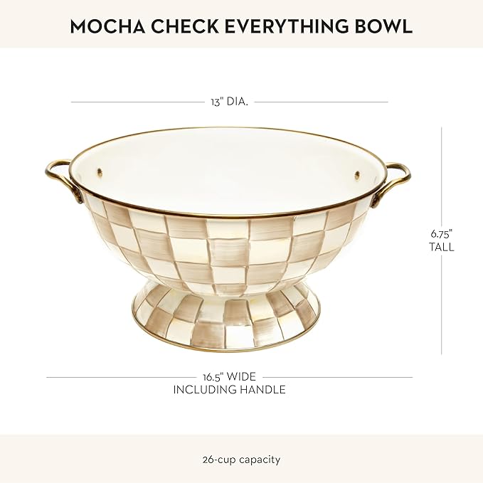 MACKENZIE-CHILDS Enamel Bowl, Serving Bowl for Entertaining, Everything Bowl, Brown-and-White Mocha Check