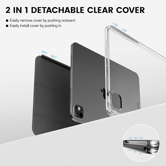 Case for iPad Pro 11 Inch Case (M5/M4) 2025/2024 Black | Pencil Holder 2 in 1 Detachable Trifold Sliding Cover Clear Hard Back Shell Supports Pencil Pro Charging