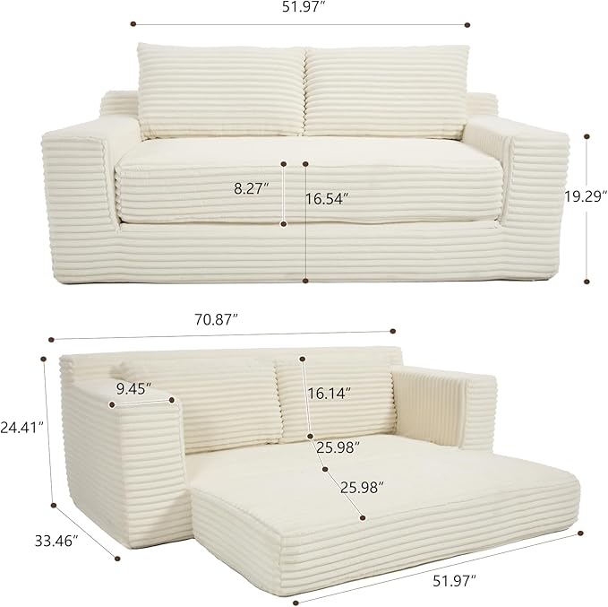 Fefances Loveseat Sofa Bed Boneless Couch, Convertible 2-in-1 Design, Corduroy Fabric - Compact Memory Foam Couch for Small Spaces, Apartments, Home Office & Bedroom (Beige)