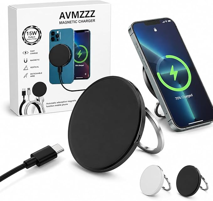 15W Magnetic Wireless Charger with Detachable USB-C Cables &amp USB-A Adapter | Fast Charging Pad with Foldable Stand Support Advanced Cooling Flat MagSafe Fast Charger for iPhone Android &amp Track