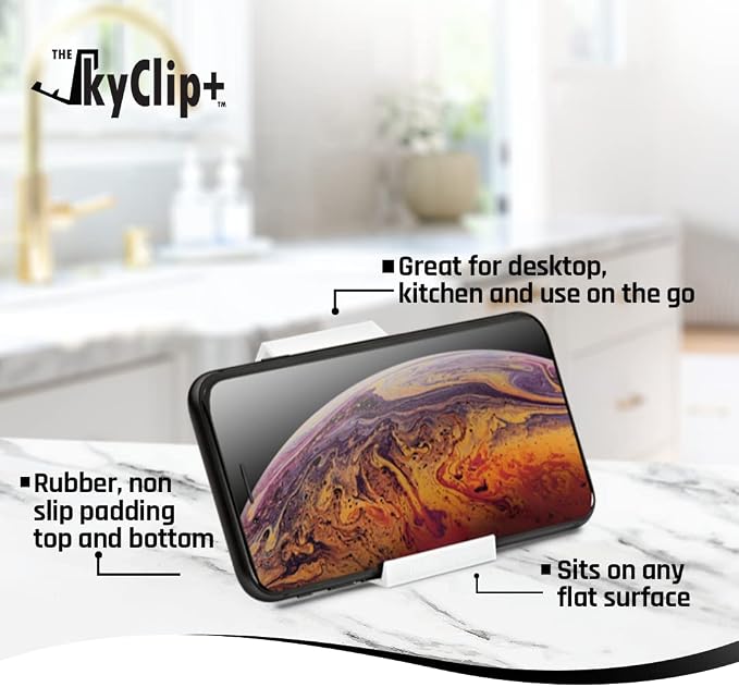 The SkyClip+ Phone &amp Tablet Holder for Air Travel Home and Office Use - Inflight Phone Mount &amp Stand Compatible with iPhone Android Kindle and Tablets - Ultimate Travel Accessory (Black)
