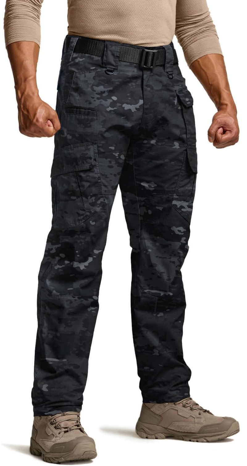 CQR Men's Tactical Pants, Water Resistant Ripstop Cargo Pants, Lightweight EDC Work Hiking Pants, Outdoor Apparel, Duratex Mag Pocket Print Utility Camo Black, 42W x 30L