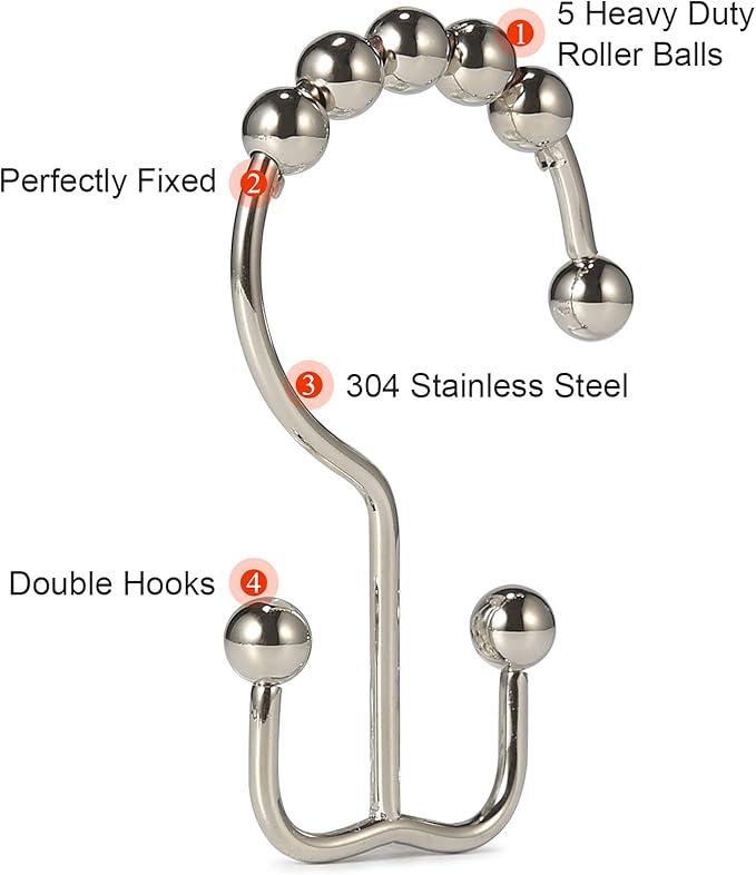 Shower Curtain Hooks, Goowin Shower Curtain Rings, Stainless Steel Shower Curtain Hooks Rust Proof Free Sliding Double Shower Hooks for Curtain, Shower Curtains & Liners (Nickel)