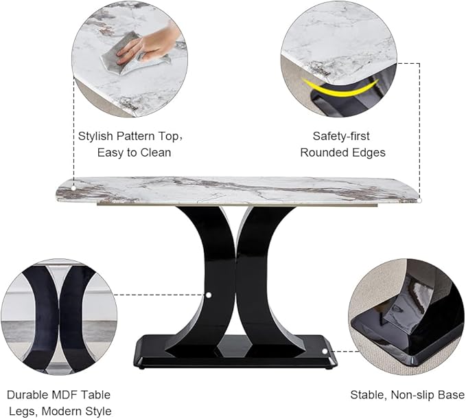 Modern Dining Table Set for 6, Marble Kitchen Table Chair Set for 6, Rectangular Kitchen Table with 6 Pu Leather Upholstered Chair for Dining Room (White with 6 Light Grey Chairs)