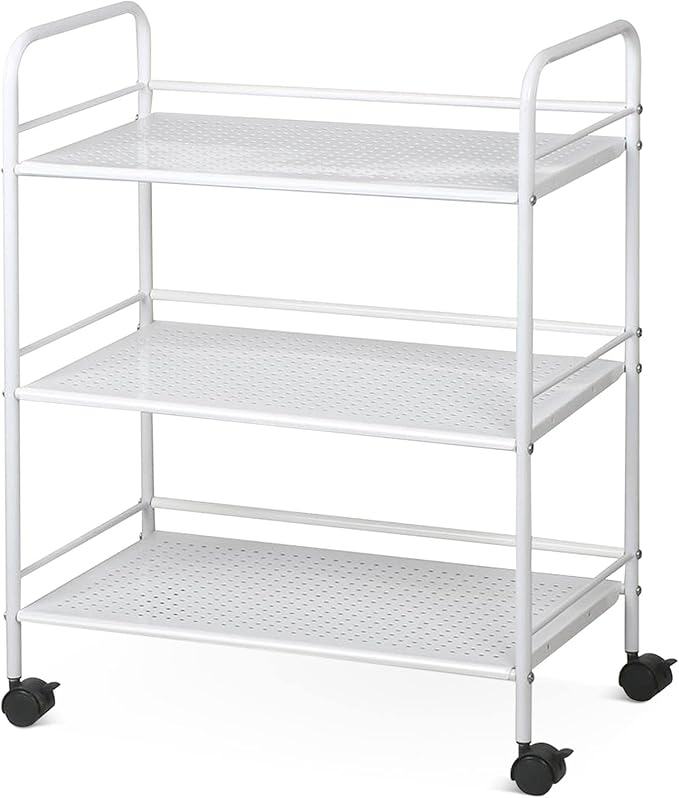 Yaheetech 3 Tier Durable Metal Multi-Purpose Rolling Utility Cart, Rolling Storage Craft Cart Kitchen Cart with Handle and Locking Wheels for for Office Bathroom Kitchen Laundry, White