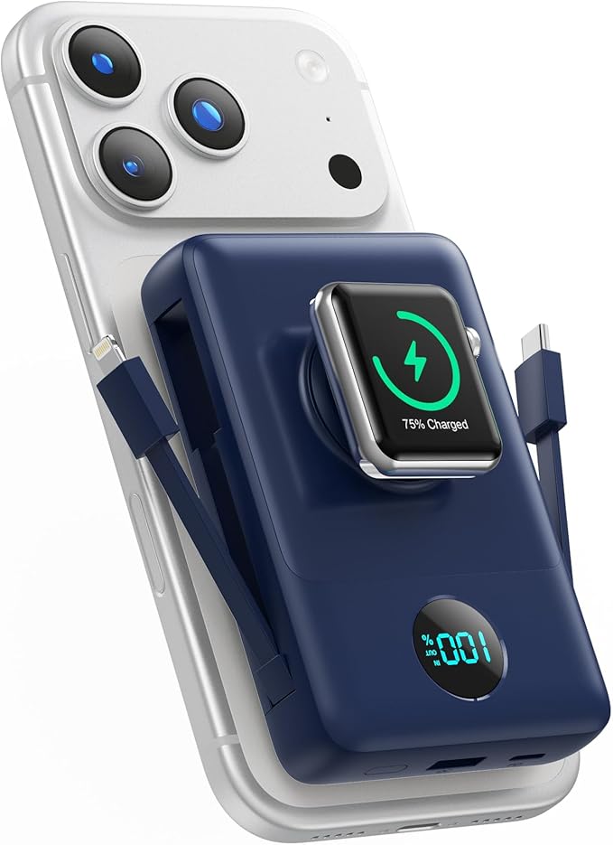 6 in 1 Magnetic Portable Charger for iPhone with Built-in Cables, 10800mAh 25W PD Fast Charging Power Bank, 6 Outputs Travel Essential Battery Pack for iPhone 17/16/15/14/13/12,Apple Watch (Blue)