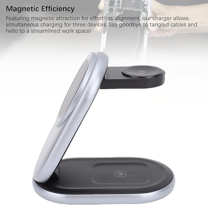 15W Fast Table Charger Magnetic Wireless Charging Dock 3 in 1 Stand Organizer for Phone Clock Headphones Space Saving Collapsible Design