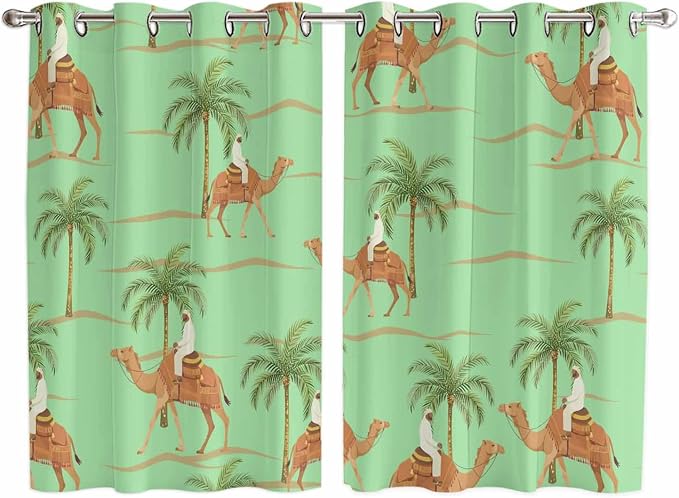 2 Panel Kitchen Cafe Curtains, Desert Camels Sunlight Filtering Nature Air