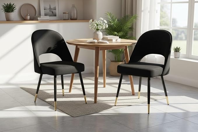 DUOMAY Modern Dining Chair Set of 2 with Open Back, Velvet Upholstered Armless Chair with Metal Frame Side Chair for Kitchen Dining Room Living Room, Black