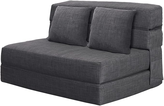 ANONER 60" Fold Sofa Bed Couch Memory Foam with 2 Pillows Futon Sleeper Chair Guest Bed and Fold Out Couch, Washable Cover Queen Size, Dark Gray