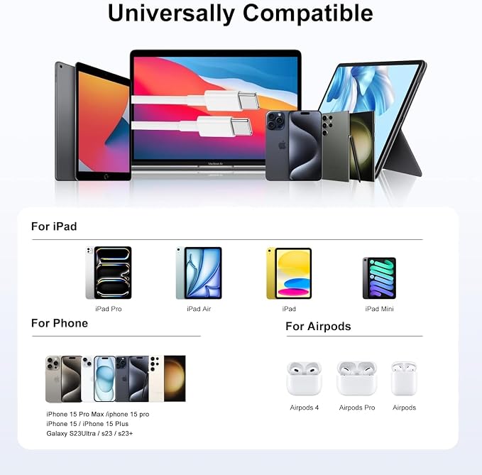 Hzevn 60W USB C Charging Cable for MacBook Pro/Air &amp for iPhone 16/15 Pro Max MFi Certified 20V/3A Super Fast Charger Cord 6ft+10ft PD 3.0 Compatible with iPad Pro 12.9/11 Samsung S25/S24(2-Pac