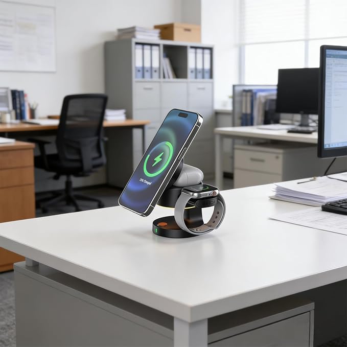 4-in-1 Magnetic Wireless Charging Station 15W Fast Wireless Charger Dock with Retractable Watch Charger &amp LED Night Light Foldable Charging Stand for Phones Smart Watches Black