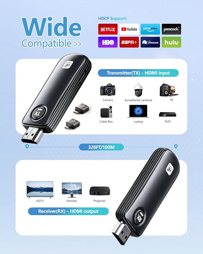 WELUSOPU Wireless HDMI Transmitter and Receiver, HDMI Wireless 4K Decode 1080P Output, 2.4G/5.8G, 328FT/100M, Plug &Play for Laptop Camera TV Box to TV Monitor Projector for Home Church Office - Black
