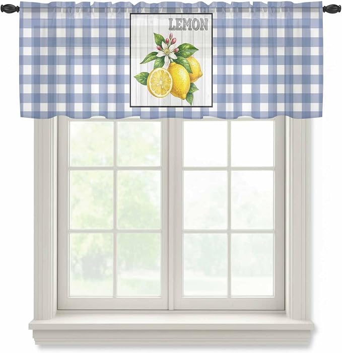 Lemon Sheer Valance Curtains, Summer Fruit Floral Wood Grain Blue Plaid Light