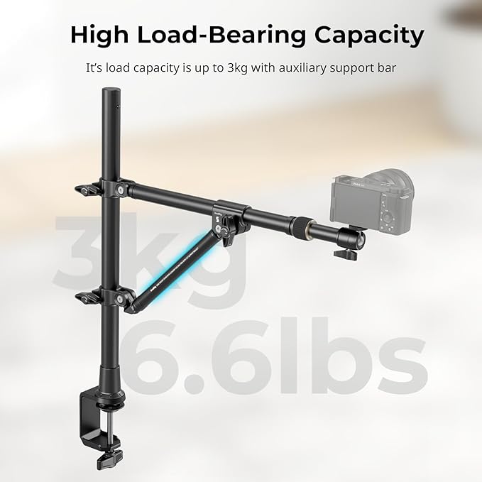 SMALLRIG Triangle Camera Desk Mount, Max. Load 3kg/ 6.6lbs, Overhead Mount with Auxiliary Support Rod, with Phone Holder and Small Ball Head for Camera/Phone/Light/Webcam