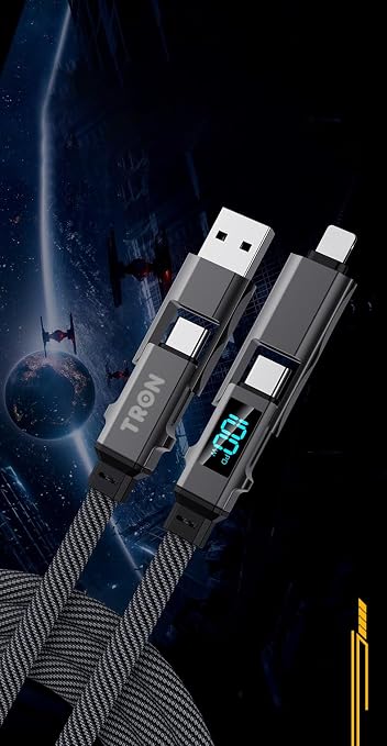 TRON 4-in-1 Braided Charger Cable 100W 5FT Type-C/USB-A/L Port for iPhone/iPad/Android/Laptop LCD Display TR52