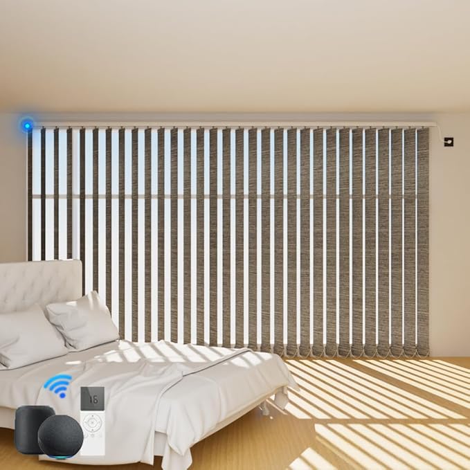 Blindify Motorized Vertical Blinds Compatible with Alexa Google Home, Blackout Sliding Door Shades Smart Vertical Blinds Remote Control Customize, Coffee