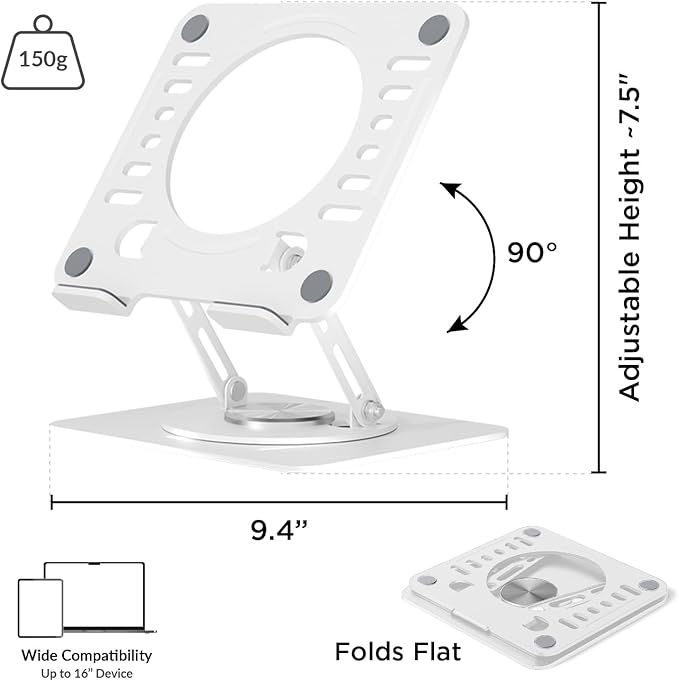 Uncaged Ergonomics Swivel Laptop Stand for Desk, Adjustable Computer iPad Stand for Desk w/ 360 Rotation, Portable Laptop Holder for Home Office Ergonomic Supplies (White)