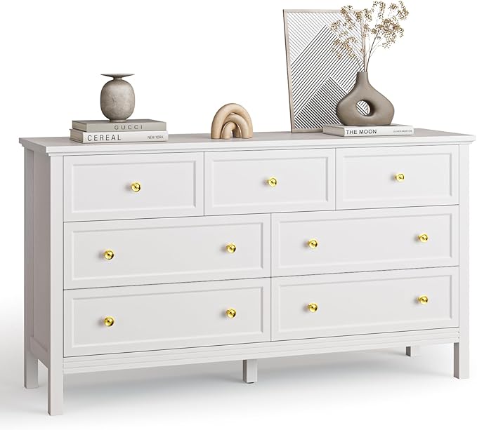 White Dresser for Bedroom with Gold Handle Modern 7 Drawer Dresser, Wood Chest of Drawer Closet Clothes Storage Organizer for Living Room, Hallway, TV Stand, 55 Inch
