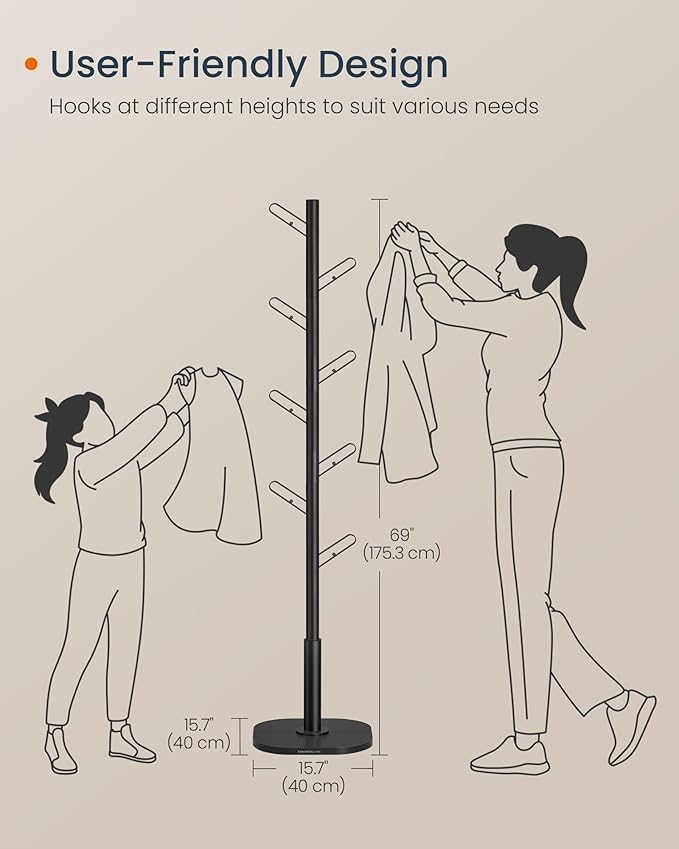 SONGMICS HOME Tree-Shaped Coat Rack, Freestanding, Stand with 8 Sturdy Hooks, with Curved Edges, 69 Inches Tall, for Clothes, Hats, Bags, Ink Black URCR037B01