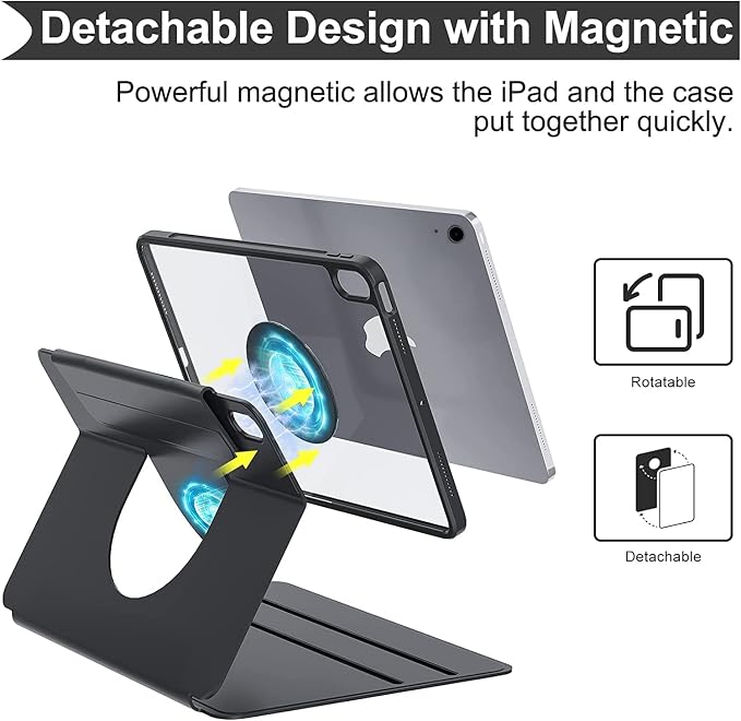 Keyboard Case for iPad 11 inch 2025(A16)/iPad 10 2022 Vertical Case with Pencil Holder Magnetic Stand Rotating Detachable Keyboard with Clear Back (Black)