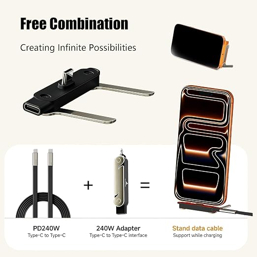 SIDEWAY Phone Charger 240W Silicone Cable with Detachable Stand - Universal Type-C 90° Angle 480Mbps Data Transfer Speed(balck)