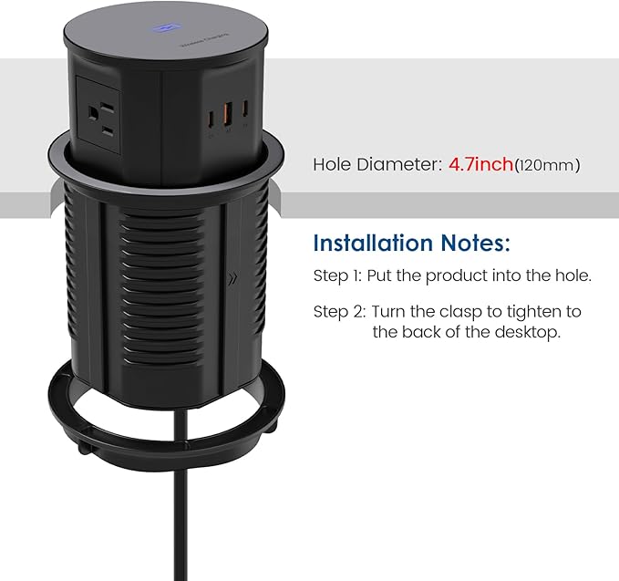 Pop up Outlet for Countertop with 15W Wireless Charger,65W USB C Charging Station,4 Outlets,2 USB C,USB A,Tamper Resistant Receptacle,4.7'' Hole Power Grommet,Office Power Supply,Black