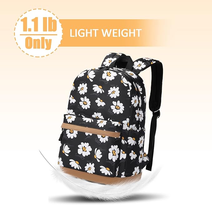 Girls Backpack with Lunch Box for Middle Elementary School,17 inch Kids School Backpack with Lunch Bag Set Black Daisy Lightweight