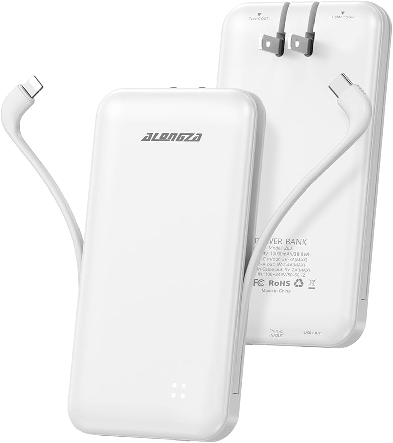 Alongza Portable Charger Built-in Cables and AC Wall Plug, Slim Fast Charging Power Bank 10000mAh, Lightweight USB C External Battery Pack Compact Travel Cell Phone Charger